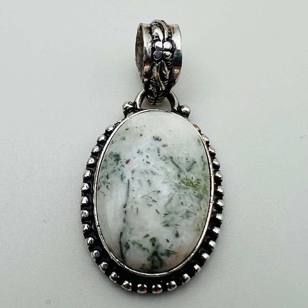 Silver Tone Pendant Oval Tree Agate White Green Stone Beaded Frame Artisan
